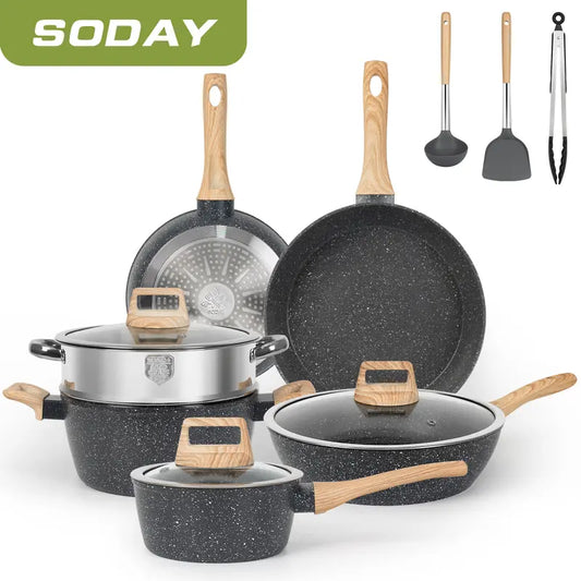 SODAY 12Pcs Pots and Pans Set Non Stick Kitchen Cookware Sets Induction Cookware Nonstick Granite Cooking Set with Frying Pans,Saucepans, Steamer Silicone Shovel Spoon &Tongs,Nonstick Pots Aluminium (Black & White)