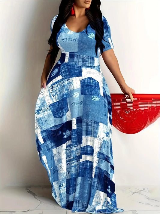 Plus Size Women'S Patchwork Denim-Effect Print Dress, Elegant Short Sleeve Crew Neck Maxi Dress, Women'S plus Clothing for Beach Holiday, Dresses for Women