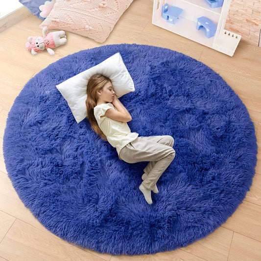 round Rug 5X5 Feet Fluffy Soft Area Rugs for Kids Girls Room Princess Castle Plush Shaggy Carpet Cute Circle Nursery Rug for Kids Girls Bedroom Baby Room Home Decor Circular Carpet, Navy Blue