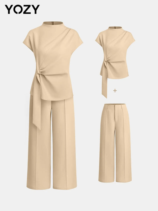 YOZY [4 Colors] Plain Ruched Knot Front Top & Wide Leg Pants Set, Elegant Mock Neck Short Sleeve Top & Straight Leg Trousers, 2024 Women'S Summer Outfits for Daily & Work Wear