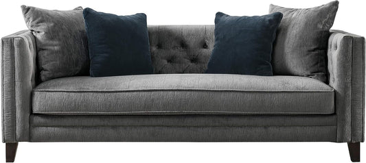 Luxury Tuxedo Velvet Tufted Track Arm Living Room Sofa, 85”W Couch, Grey