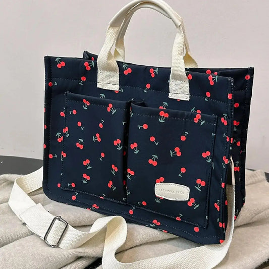 Cherry Print Letter Patched Tote Bag, Fashionable Multi-Pocket Shoulder Bag for Women, Casual Versatile Commuter Bag for Daily Everyday Commuter Travel