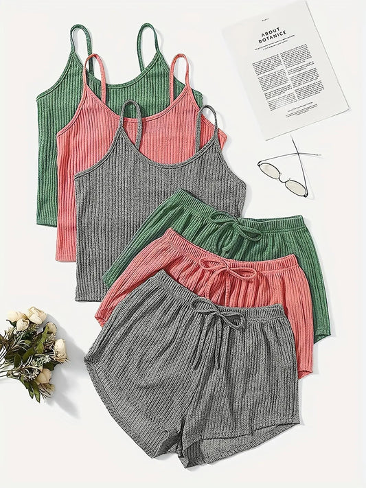 Six-Piece Set Women'S Plain Ribbed Shorts Set, Casual Crop Cami Top & Elastic Waist Shorts Set, Back to School Gifts, Summer Clothes, Summer Outfits 2024 Sets for Outdoor Holiday