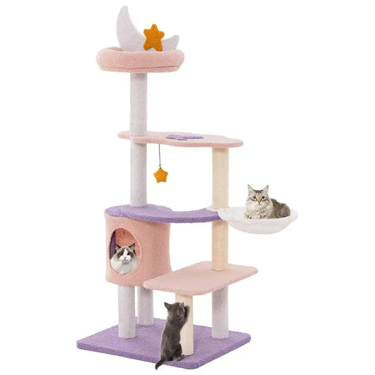 Costway 55 Inch Cat Tree Tower, Multi-Level Cat Tower with Cat Condo, Sisal Scratching Posts, Moon Star Plush Perch, Hammock, Cloud Platforms, Dangling Toys, Cute Purple Pink Cat Tree for Indoor Cats